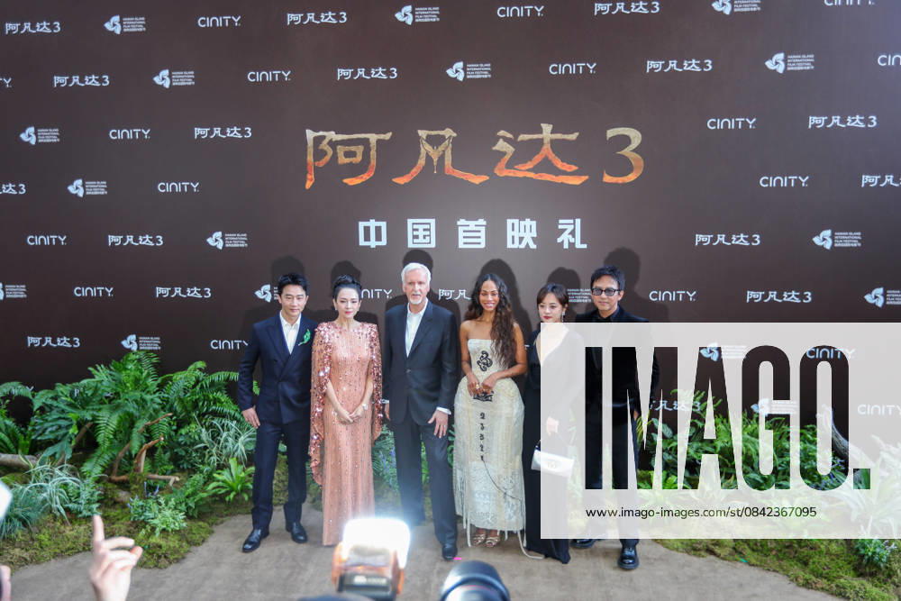 (L-R) Actor Huang Xuan, actress Zhang Ziyi, director James Cameron, American actress Zoe Saldana, actress Susan Sun Li and actor Deng Chao attend the China premiere of film Avatar: Fire and Ash on December 8, 2025 in Sanya, Hainan Province of China.