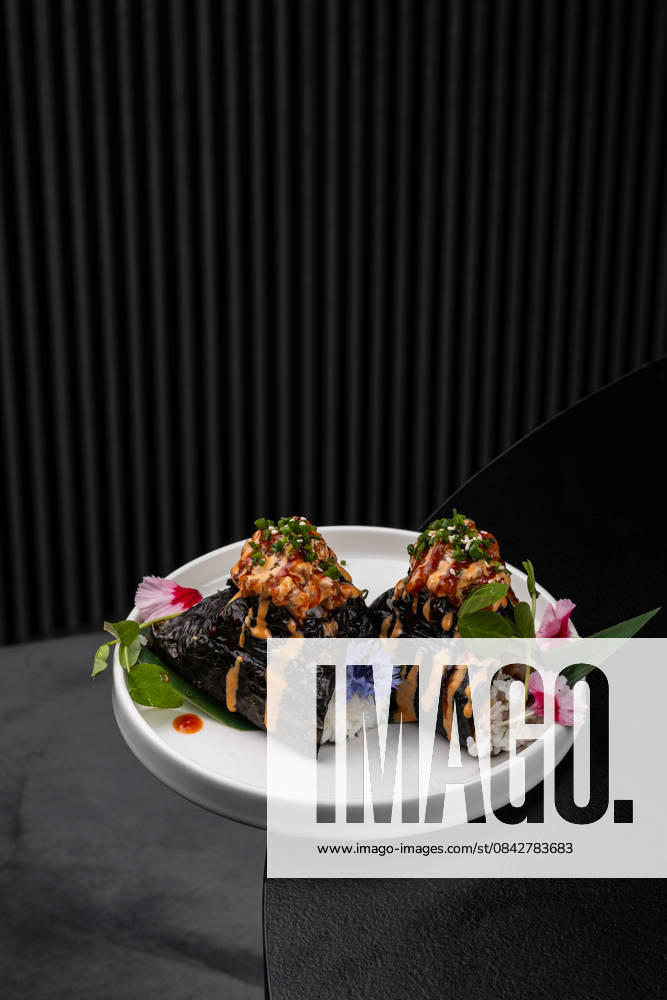 IMAGO Creative, Food, Japan, Onigiri Onigiri with fish filling, drizzled with sauce Warsaw, Masovian Voivodeship, Poland R_ORVG251214-1899144-01