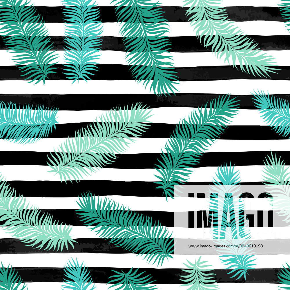 Watercolor Palm Leaves Black & White Stripes Elegant seamless background featuring watercolor palm leaves against black and white stripes. Perfect for holiday cards, invitations, summer party themes, or coastal-themed projects. A sophisticated and stylish pattern.