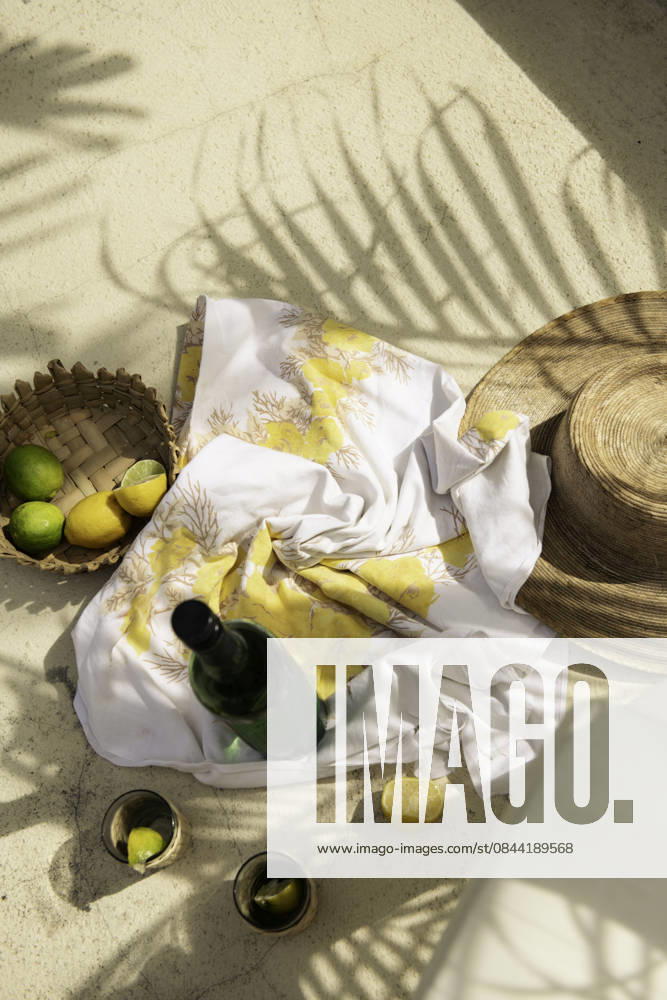 Vacation scene with citrus, bottle, sunhat and palm shadow Speightstown, Saint Peter, Barbados R_WDJM251226A-1917125-01