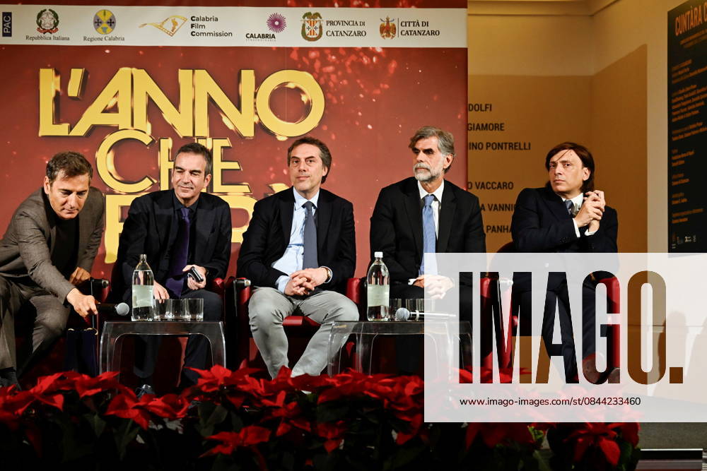 Press conference for the presentation of RAI s New Year s Eve program The Year to Come at the S. Giovanni Complex, Catanzaro. Pictured: From left: Marco Liorni, host; Roberto Occhiuto, President of the Calabria Region; Nicola Fiorita, Mayor of Catanzaro; Sergio Santo, CEO of RAI COM; Anton Giulio Grande, President of the Calabria Film Commission. Catanzaro, Italy 30 December 2025 Catanzaro Italy - ZUMAa289 20251230_zia_a289_047