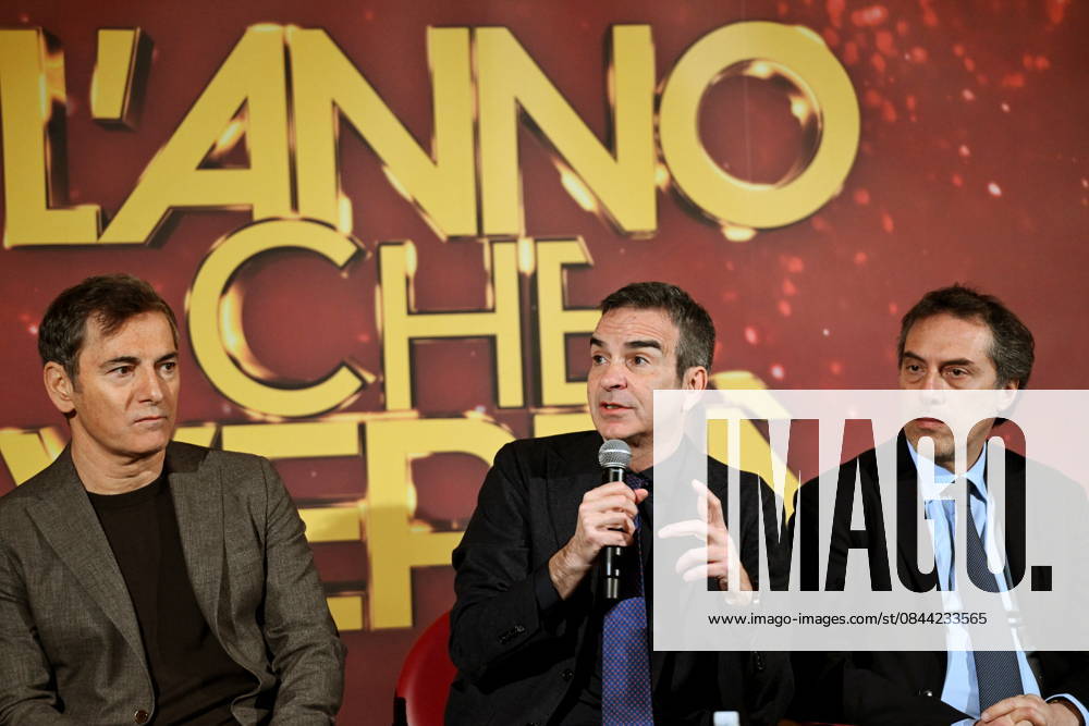 Press conference for the presentation of RAI s New Year s Eve program, L anno che verro , at the S. Giovanni Complex, Catanzaro. Pictured: From left: Marco Liorni, host; Roberto Occhiuto, President of the Calabria Region; Nicola Fiorita, Mayor of Catanzaro. Catanzaro, Italy 30 December 2025 Catanzaro Italy - ZUMAa289 20251230_zia_a289_065