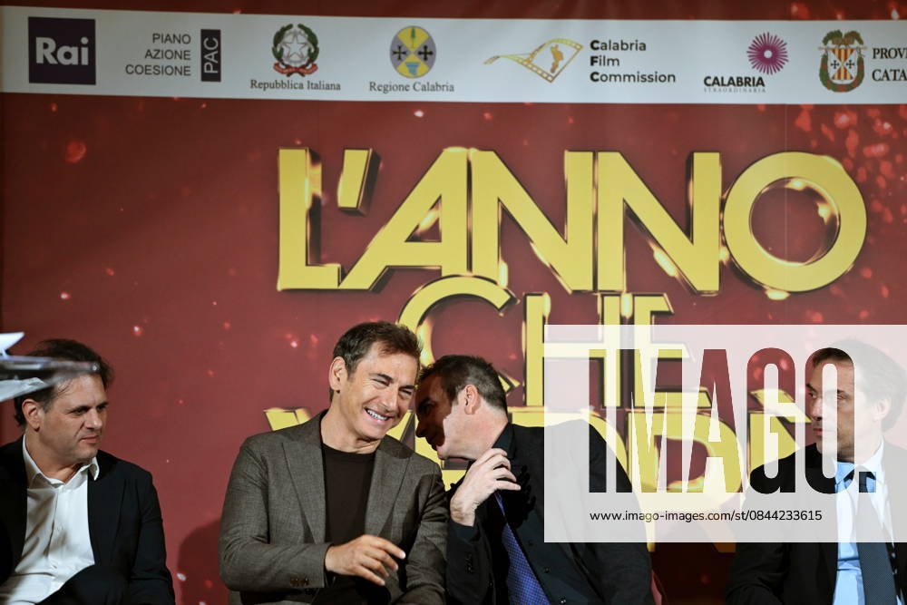 Press conference for the presentation of RAI s New Year s Eve program, L anno che verro , at the S. Giovanni Complex, Catanzaro. Pictured: From left: Williams Di Liberatore, Prime Time Entertainment Director; Marco Liorni, host; Roberto Occhiuto, President of the Calabria Region; Nicola Fiorita, Mayor of Catanzaro Catanzaro, Italy 30 December 2025 Catanzaro Italy - ZUMAa289 20251230_zia_a289_076