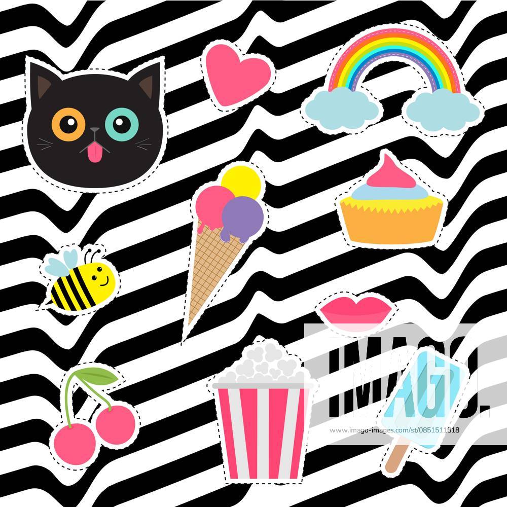 Quirky Cartoon Sticker Patch Badges Set Fashion Quirky cartoon sticker patch badges set Fashion pin collection Cat heart rainbow cloud cupcake bee ice cream popcorn lips cherry White black wave abstract line optical background Flat