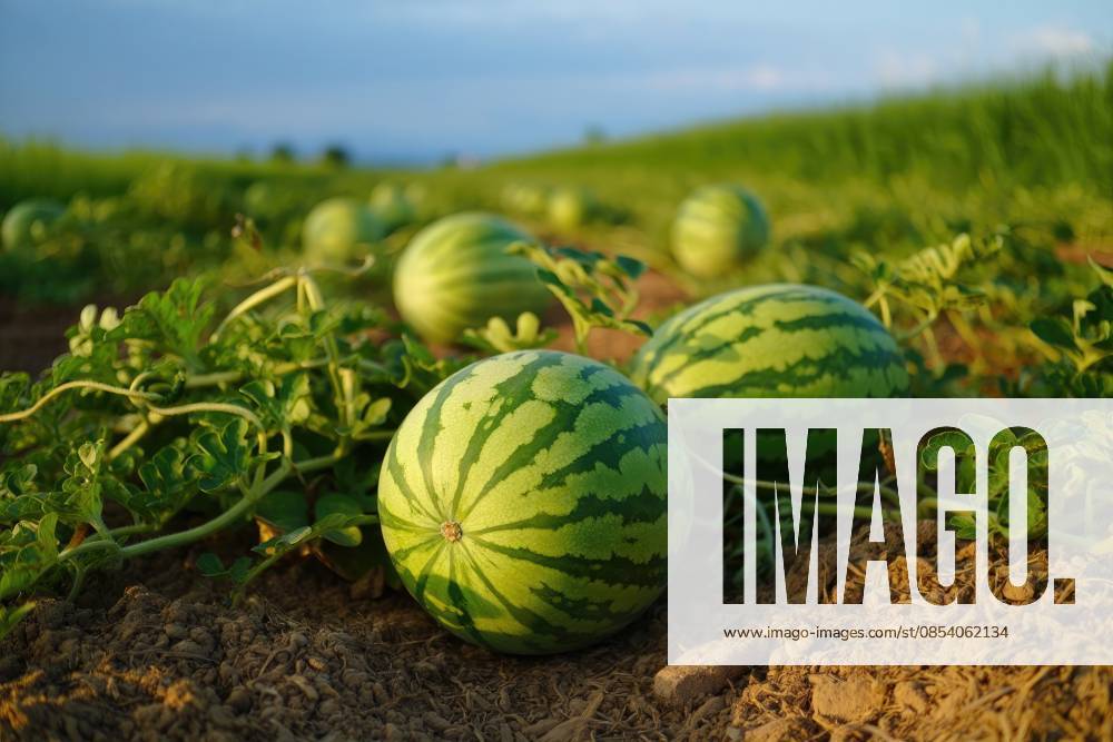 Grüne Wassermelonen auf dem Feld, Nahaufnahme des Fotos. Sommer Green watermelons in the field, closeup of photo. (License=RF)