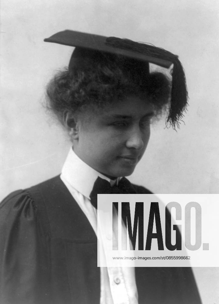 Helen Keller 1880-1968 Helen Keller 1880-1968, Head and shoulders, facing right; wearing graduation cap and gown. 1904. Helen Adams Keller; American author, political activist, and lecturer. She was the first deaf, blind person to earn a Bachelor of Arts degree. The story of how Keller s teacher, Anne Sullivan, broke through the isolation imposed by a near complete lack of language, allowing the girl to blossom as she learned to communicate, has become widely known through the dramatic depictions of the play and film The Miracle Worker. Her birthday on June 27 is commemorated as Helen Keller Day in the U.S. Editorial use only. All other uses to be cleared with the copyright owner (World History Archive), in advance.,