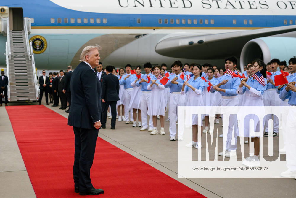 President Donald J. Trump greets Ambassadors David Perdue and Xie Feng, Executive Vice Minister of Foreign Affairs Ma Zhaoxu and Minister of Foreign Affairs Wang Yi at Beijing Capital International Airport, China on Friday, May 15, 2025, before boarding Air Force One en route Washington, D.C. WAX2026051643 DANIELxTOROK
