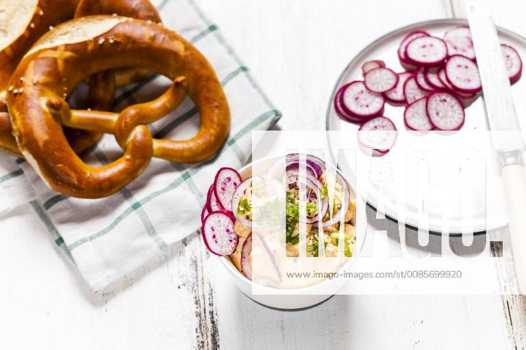 Obatzda with red onion, radish, spring onion and pretzel SBDF03697