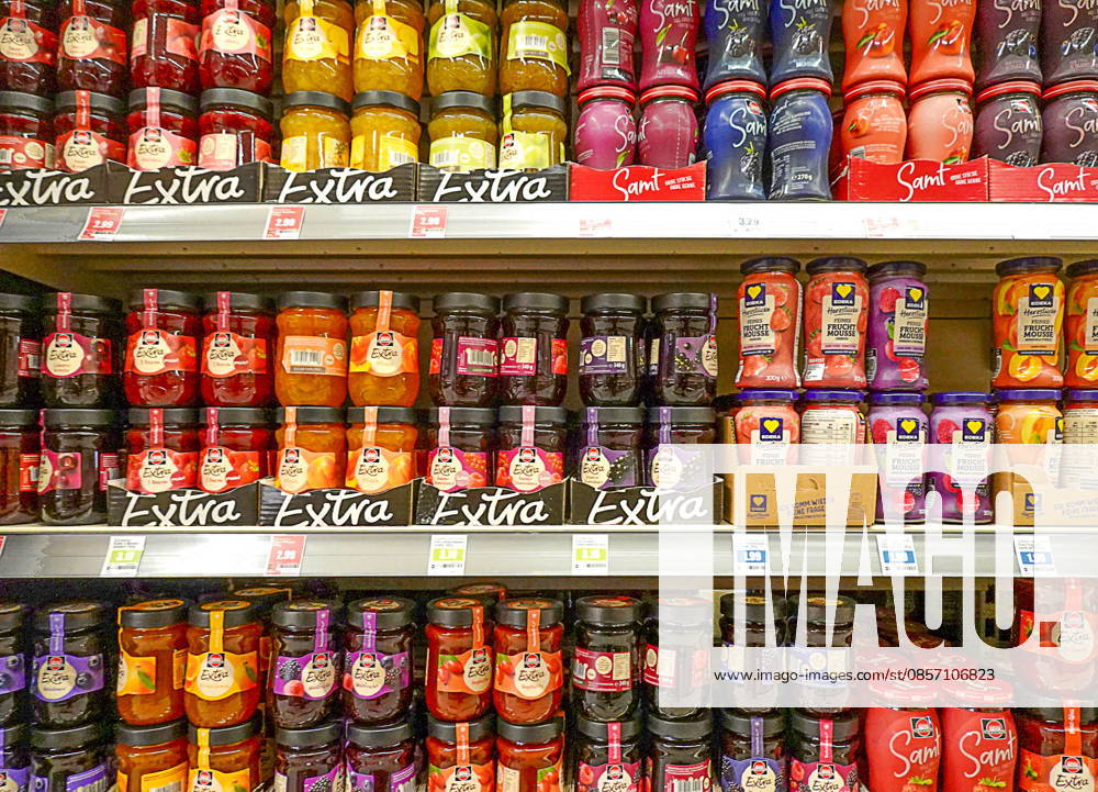 Various types of jam and mousse seen on 19 05 2026 in the supermarket