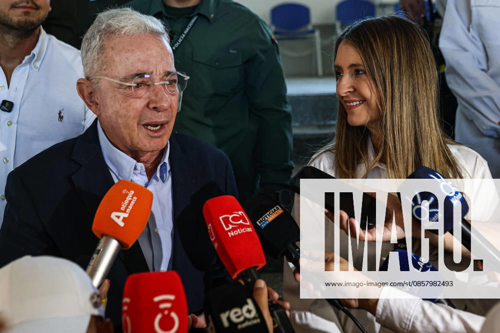 Colombian presidential elections RIONEGRO, COLOMBIA - MAY 31: Former Colombian President (2002-2010), Alvaro Uribe (L), gives a statement to the press after voting at a polling station accompanied by Colombian presidential candidate Paloma Valencia (R), of the Democratic Center party, during the presidential elections in Rionegro, Colombia, on May 31, 2026. Lucas Aguayo Araos Anadolu Rionegro Colombia. Editorial use only. Please get in touch for any other usage.