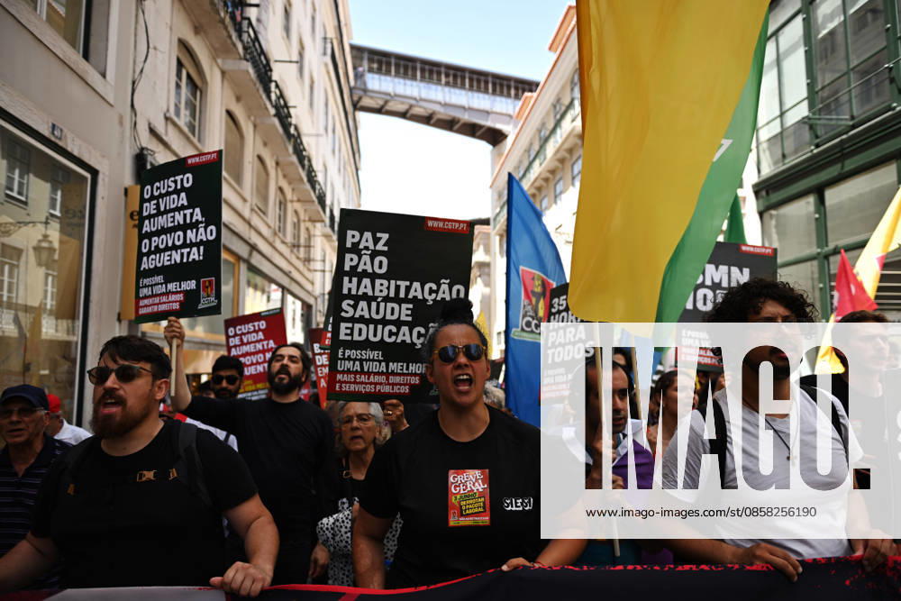 Nationwide Strike For Workers Lisbon LISBON, PORTUGAL - JUNE 03: Protesters hold a banner and wave red trade union flags as they line the streets during a national mobilization in Lisbon, Portugal on June 03, 2026. The demonstration, organized under the National Fight Day motto, demands increased wages, guaranteed labor rights, and measures against the rising cost of living, while advocating for the right to health and housing. Zed Jameson Anadolu Lisbon Portugal. Editorial use only. Please get in touch for any other usage.