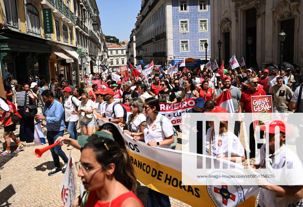 Nationwide Strike For Workers Lisbon LISBON, PORTUGAL - JUNE 03: Protesters hold a banner and wave red trade union flags as they line the streets during a national mobilization in Lisbon, Portugal on June 03, 2026. The demonstration, organized under the National Fight Day motto, demands increased wages, guaranteed labor rights, and measures against the rising cost of living, while advocating for the right to health and housing. Zed Jameson Anadolu Lisbon Portugal. Editorial use only. Please get in touch for any other usage.