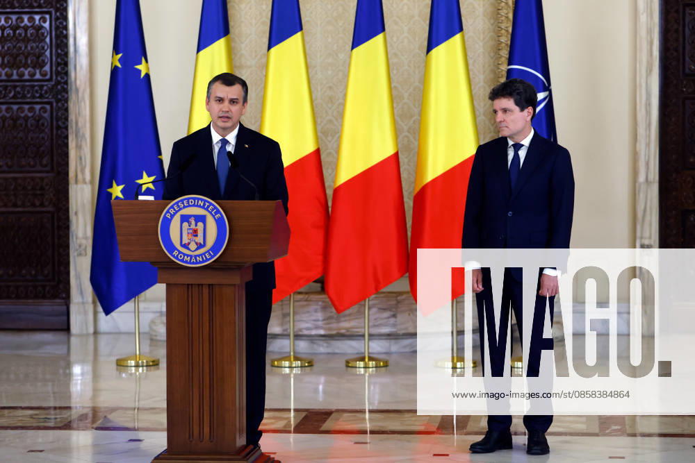 (260604) -- BUCHAREST, June 4, 2026 -- Romania s prime minister-designate Eugen Tomac (L) delivers a speech after being nominated by President Nicusor Dan as Nicusor Dan stands by at Cotroceni palace in Bucharest, Romania, on June 4, 2026. Romanian President Nicusor Dan on Thursday nominated his adviser Eugen Tomac as prime minister-designate. (Photo by Xinhua) ROMANIA-BUCHAREST-PM-DESIGNATE CristianxCristel