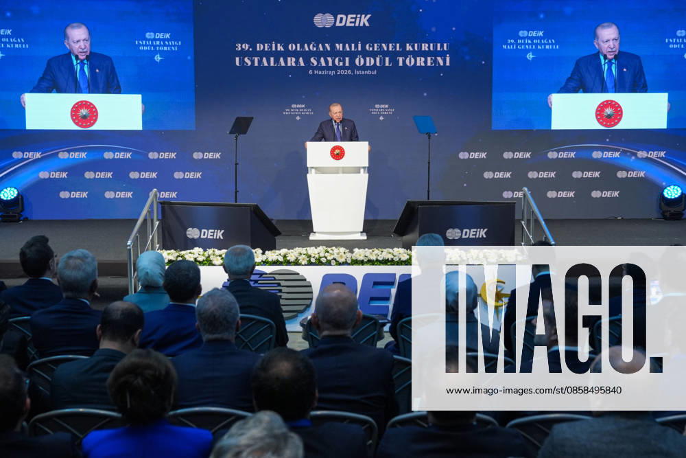 Turkish President Recep Tayyip Erdogan ISTANBUL, TURKIYE - JUNE 6: Turkish President Recep Tayyip Erdogan delivers a speech during the 39th Ordinary Financial General Assembly of the Foreign Economic Relations Board and Respect for Masters Award ceremony in Istanbul, Turkiye on June 6, 2026. Cemal Yurttas Anadolu Istanbul Turkey. Editorial use only. Please get in touch for any other usage.