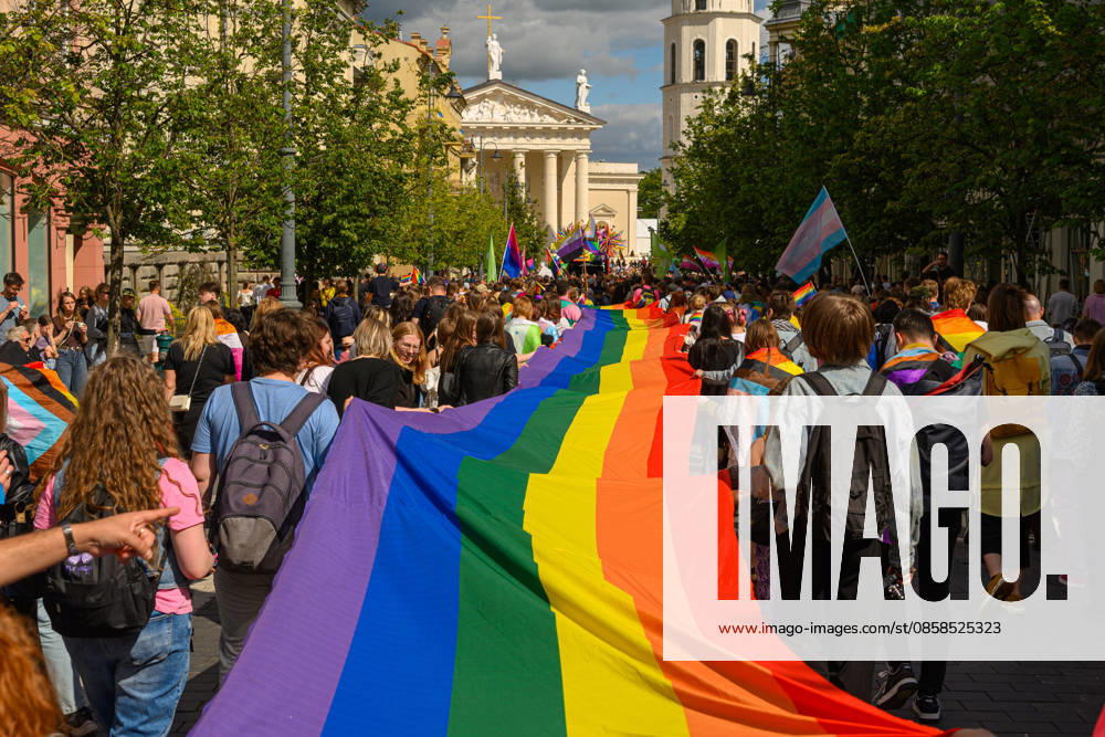 People march with a huge pride flag during the pride parade. Vilnius on June 6 marked Lithuanian Pride 2026 with a march for equality, drawing thousands to the city center in a public show of visibility, solidarity, and support for LGBTQ+ rights. Vilnius Lithuania - ZUMAs197 20260606_aaa_s197_192