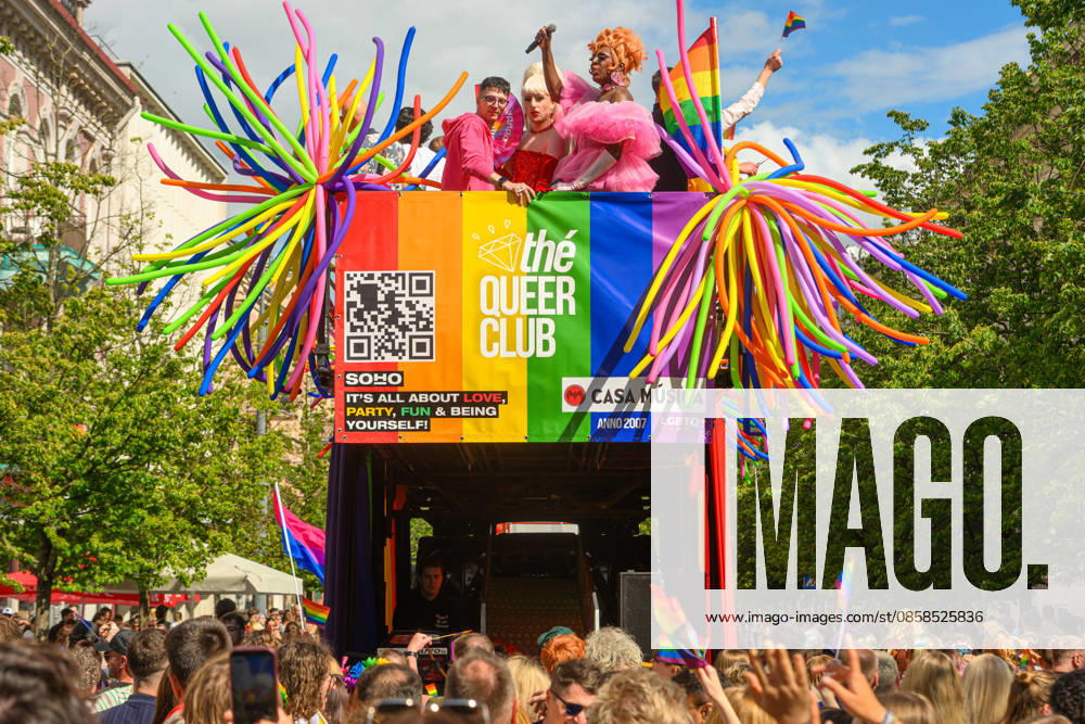 A decorated float carrying participants moves along a central street during the pride parade. Vilnius on June 6 marked Lithuanian Pride 2026 with a march for equality, drawing thousands to the city center in a public show of visibility, solidarity, and support for LGBTQ+ rights. Vilnius Lithuania - ZUMAs197 20260606_aaa_s197_223
