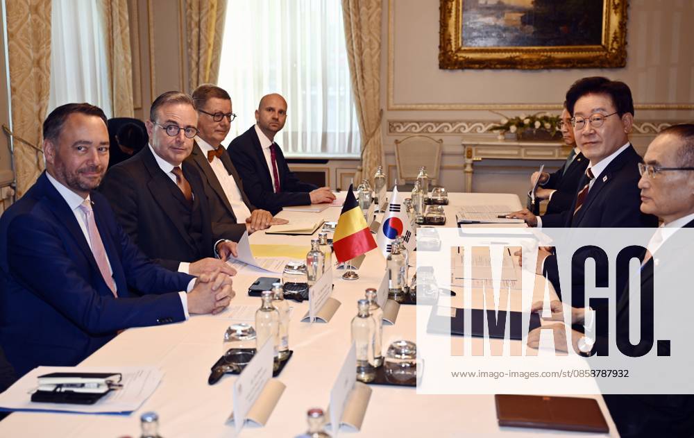 Vice-prime minister and Minister of Foreign Affairs Maxime Prevot, Prime Minister Bart De Wever and South Korean President Lee Jae Myung pictured during a diplomatic meeting between the Prime Minister of Belgium and the President of South Korea, in Brussels, Wednesday 10 June 2026. ERICxLALMAND 176949164