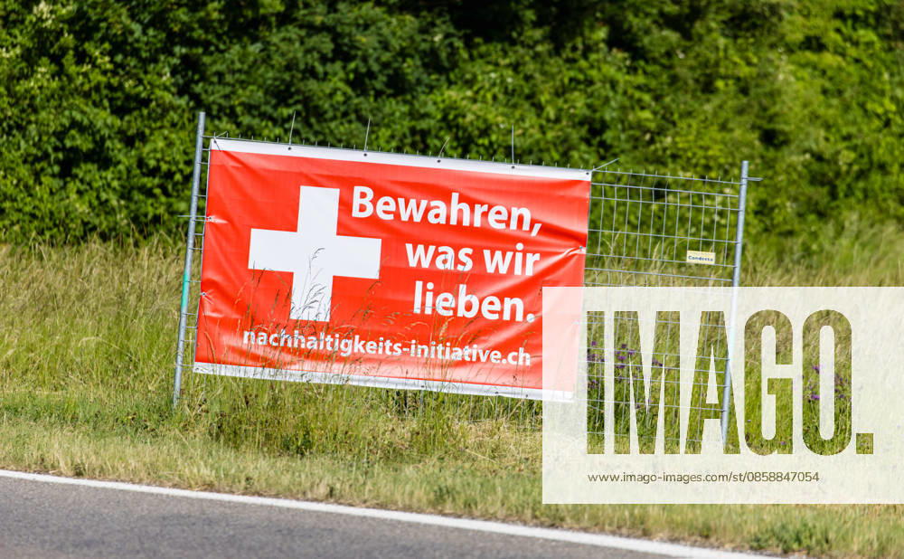 SVP voting poster for the sustainability initiative 2026 Hornussen, Switzerland, 30th May 2026 A campaign poster from the Swiss People s Party SVP for the sustainability initiative The poster reads Preserve what we love The Swiss electorate will vote on the popular initiative on June 14, 2026