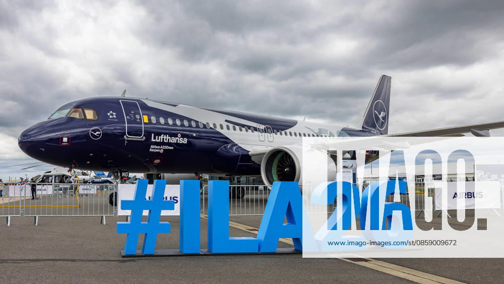 Trade visitor day at ILA Berlin 2026, Berlin, 12 06 2026 A Lufthansa Star Alliance Airbus A320neo with the registration D AING and the baptismal name Kerpen as an exhibit on the open-air grounds In the foreground the lettering logo ILA26, in the background Airbus trade fair presence under a cloudy sky Schöneberg Berlin ExpoCenter Airport Brandenburg Germany 20260612-286A9677-M4000