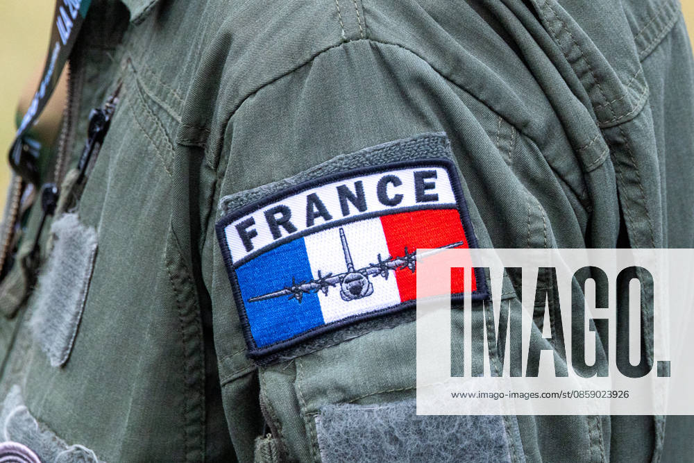 Trade visitor day at ILA Berlin 2026, Berlin, 12 06 2026 Close-up of an embroidered sleeve patch on an olive green pilot overall The patch shows the French tricolor with the inscription FRANCE and a silhouette of a C 130 transport aircraft License plate of the German-French C 130 fleet Schöneberg Berlin ExpoCenter Airport Brandenburg Germany 20260612-1V9A2235-M4000