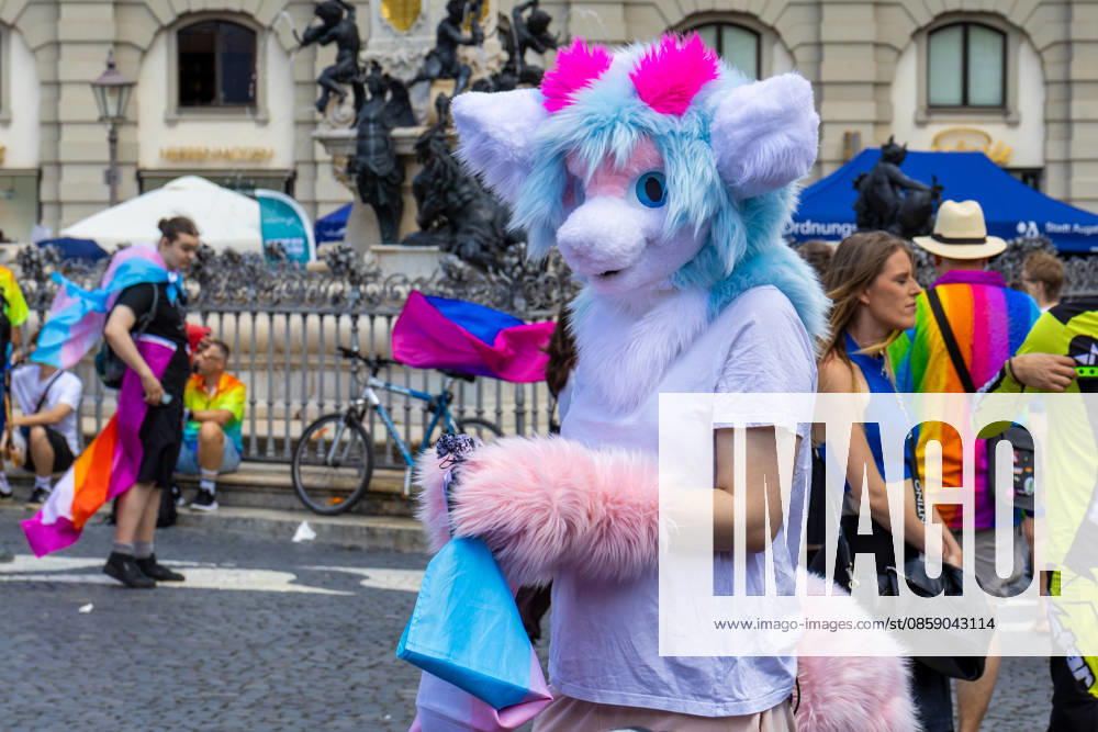 Augsburg, Bavaria, Germany June 13, 2026: Participants carrying rainbow flags and wearing colorful costumes take part in Christopher Street Day (CSD) in Augsburg. The parade through the city center promotes the rights of LGBTQ+ people as well as social diversity and tolerance. A participant in a fursuit costume