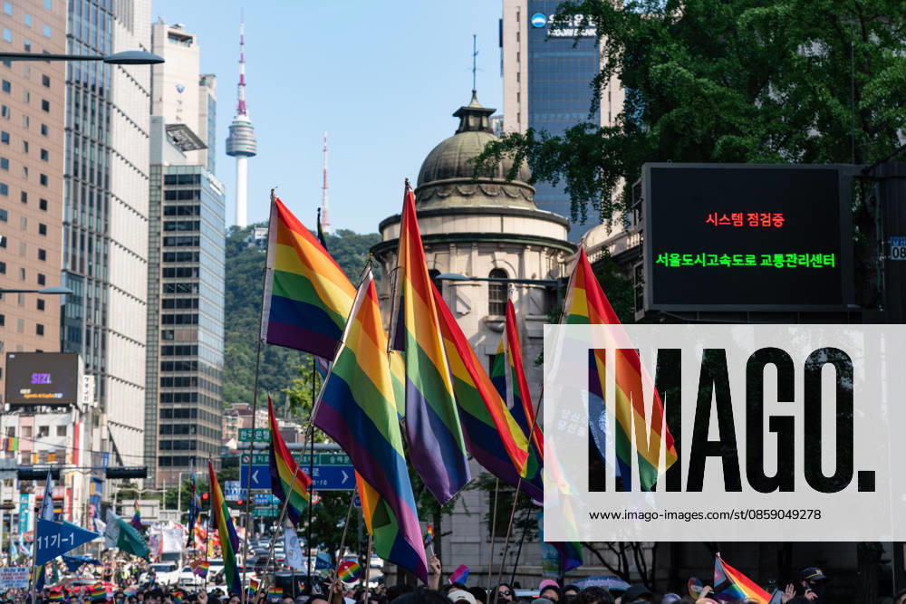 Pride flags are seen during the Seoul Queer Parade in Seoul downtown. The 27th Seoul Queer Parade (SQP) was held in Seoul, South Korea..It is a public cultural event held downtown every year to promote LGBTQIA+ visibility, human rights, cultural enjoyment, and pride. Seoul South Korea - ZUMAs197 20260613_aaa_s197_176