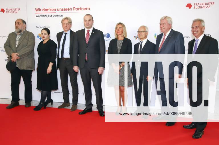 Aka Mortschiladze Nino Haratischvili Juergen Boos Mamuka Bakhtadze Federica Mogherini Heinrich Riethmuller Volker Bouffier and Peter Feldmann at the opening of the 70 Frankfurt Book Fair 2018 at the Frankfurt Fair 09 10 2018 Foto:xP.xFuturexImage