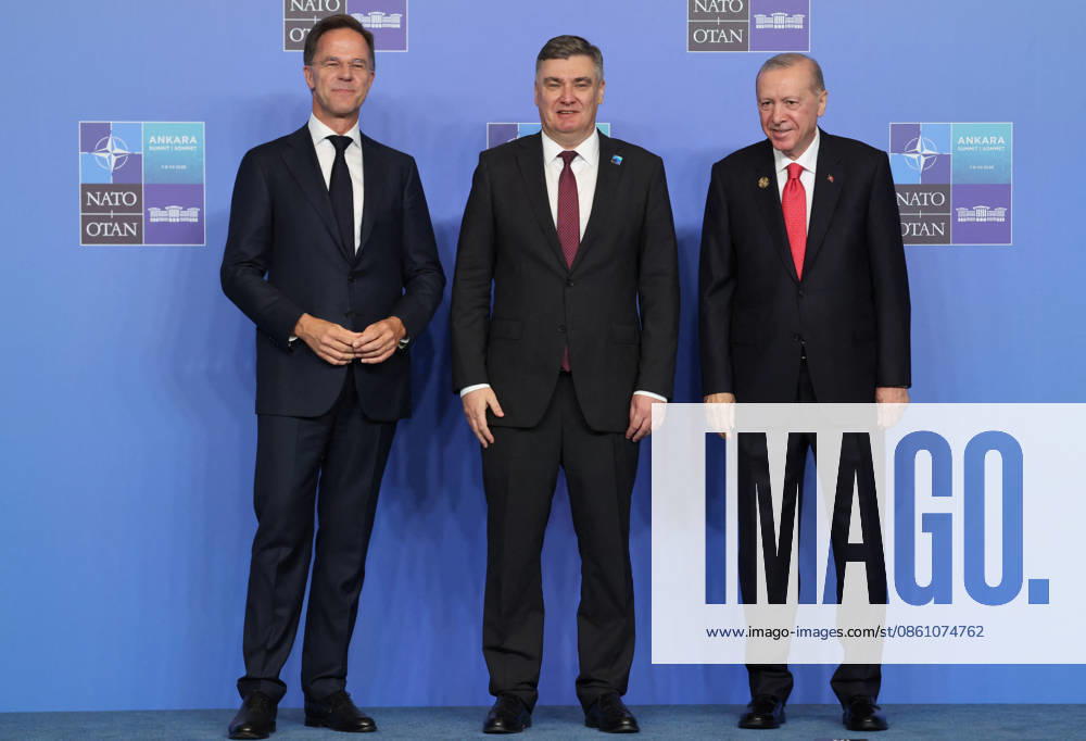 NATO Leaders Summit - Ankara NATO Secretary General Mark Rutte (L) and Turkey s President Recep Tayyip Erdogan (R) greet Croatia s President Zoran Milanovic as he arrives for a NATO Summit at Bestepe Presidential Compound in Ankara, Turkey, July 8, 2026. The summit comes at a fraught time for the 77-year-old transatlantic alliance, with the US President demanding members make good on a pledge to ramp up defence spending as Washington takes a step back from Europe. Photo by Ludovic Marin Pool ABACAPRESS.COM Ankara Turkey