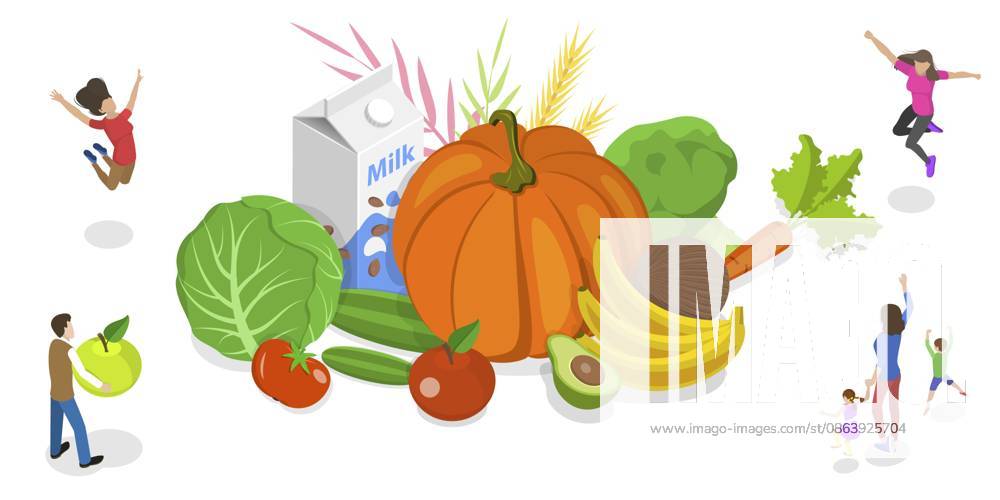 Isometrische flache Konzeptillustration von veganem Essen in 3D 3D Isometric Flat Conceptual Illustration of Vegan Food
