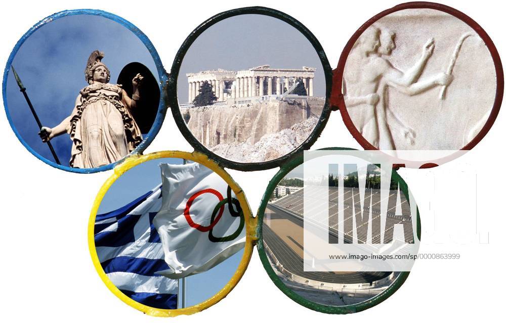 Athen im Zeichen der olympischen Ringe: In der Fotomontage sind u.a. die Schutzgöttin Athena, die Akropolis, die olympische und griechische Flagge sowie das antike Leichtathletikstadion Kallimarmaron zu sehen OS Sommer Herren Vorschau 2003, Olympische Sommerspiele 2004, Spiele, Olympia, Olympiade Gruppe Montage Athen