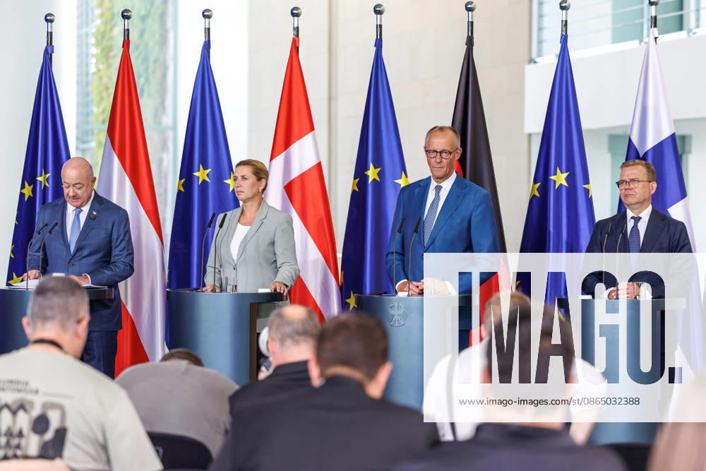 Meeting of the Heads of State and Government of Like-Minded Nations Meeting of the Heads of State and Government of Like-Minded Nations Chancellor Christian Stocker of Austria, Prime Minister Petteri Orpo of Finland, and Prime Minister Mette Frederiksen of Denmark at the Federal Chancellery in Berlin on August