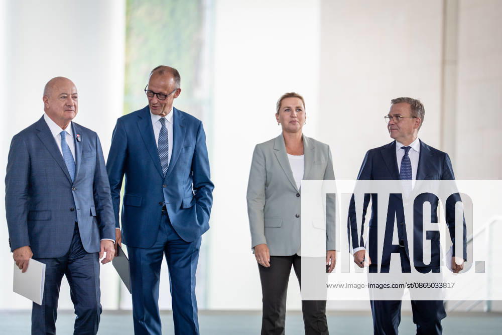 Christian Stocker, Chancellor of Austria; Friedrich Merz, Chancellor of Germany; Mette Frederiksen, Minister of State of Denmark; Petteri Orpo, Prime Minister of Finland (from left to right): Meeting of the heads of state and government of several like-minded EU member states regarding the next Multiannual Financial Framework at the Federal Chancellery, Berlin, Germany, Fed