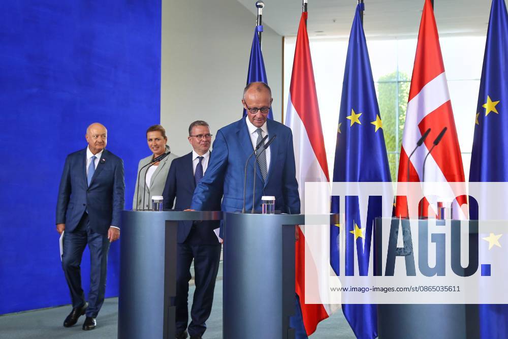 Berlin, Germany, August 27, 2026; Federal Chancellery: Reception of like-minded heads of government for consultations on the EU financial framework: L R Christian Stocker (Austria), Mette Frederiksen (Denmark), Petteri Orpo (Finland), Federal Chancellor Friedrich Merz (CDU, Germany)