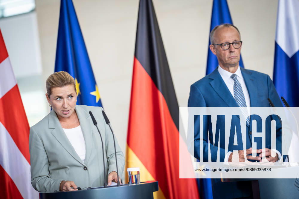 Chancellor Friedrich Merz with Mette Frederiksen, Minister of State of Denmark, during the joint press statement following a meeting of the heads of state and government of several like-minded EU member states on the next Multiannual Financial Framework at the Federal Chancellery, Berlin, Germany, Federal Chancellery
