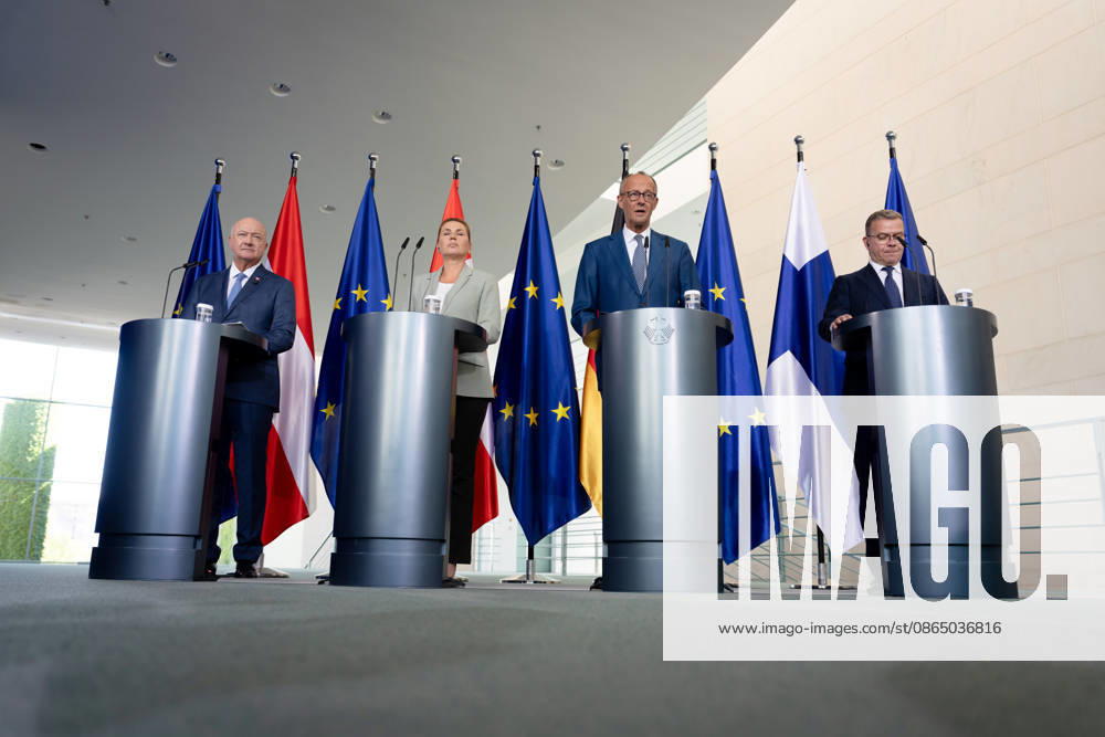 Chancellery, Like-Minded States Meeting, Berlin, Chancellery, Press Conference, Federal Chancellor, Friedrich Merz, Federal Chancellor, Christian Stocker, Austria, Prime Minister, Petteri Orpo, Finland, Prime Minister, Mette Frederiksen, Denmark, Berlin, Berlin, GER