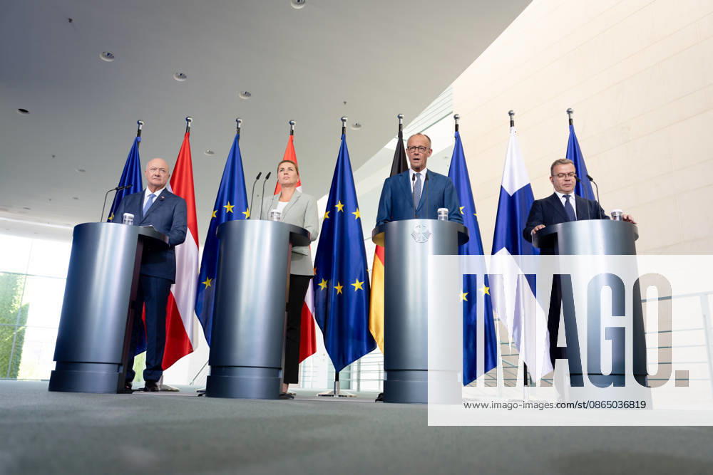 Chancellery, Like-Minded States Meeting, Berlin, Chancellery, Press Conference, Federal Chancellor, Friedrich Merz, Federal Chancellor, Christian Stocker, Austria, Prime Minister, Petteri Orpo, Finland, Prime Minister, Mette Frederiksen, Denmark, Berlin, Berlin, GER