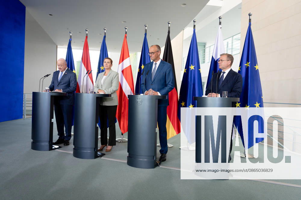 Chancellery, Like-Minded States Meeting, Berlin, Chancellery, Press Conference, Federal Chancellor, Friedrich Merz, Federal Chancellor, Christian Stocker, Austria, Prime Minister, Petteri Orpo, Finland, Prime Minister, Mette Frederiksen, Denmark, Berlin, Berlin, GER