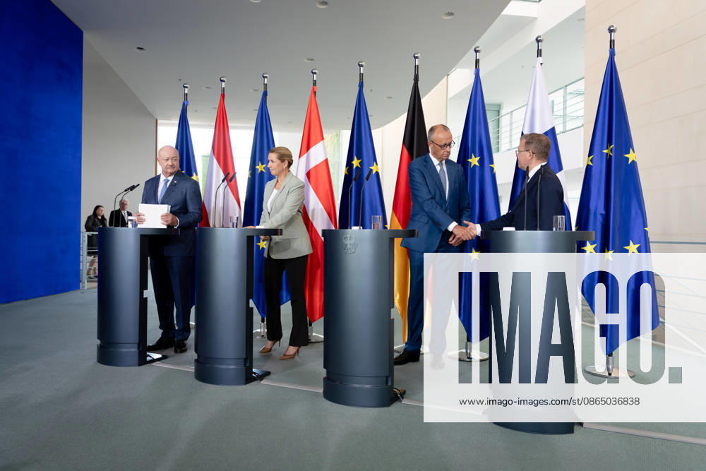 Chancellery, Like-Minded States Meeting, Berlin, Chancellery, Press Conference, Federal Chancellor, Friedrich Merz, Federal Chancellor, Christian Stocker, Austria, Prime Minister, Petteri Orpo, Finland, Prime Minister, Mette Frederiksen, Denmark, Berlin, Berlin, GER