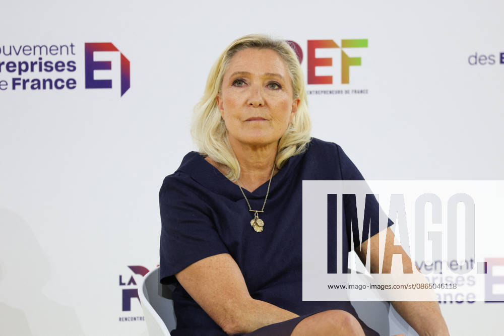 REF Medef - Presidential Debate President of the Rassemblement National party Marine Le Pen at the presidential debate during the La REF 2026 meeting of French entrepreneurs, organised by the MEDEF, France s main employers federation, at the Roland-Garros venue in Paris, France on August 27, 2026. Photo by Raphael Lafargue ABACAPRESS.COM Paris France