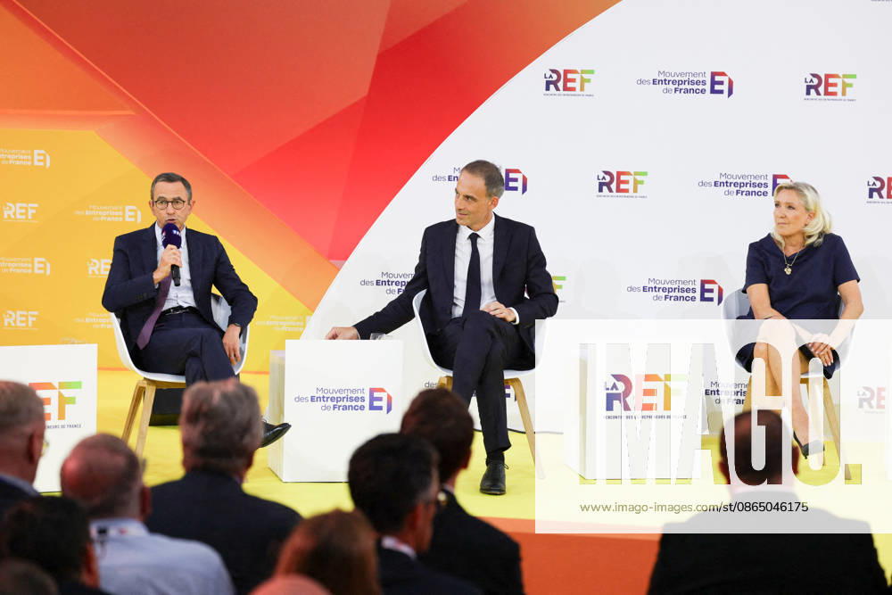 REF Medef - Presidential Debate President of the political party The Republicans LR Bruno Retailleau, French centre-left party Place publique s leader Raphael Glucksmann, President of the Rassemblement National party Marine Le Pen at the presidential debate during the La REF 2026 meeting of French entrepreneurs, organised by the MEDEF, France s main employers federation, at the Roland-Garros venue in Paris, France on August 27, 2026. Photo by Raphael Lafargue ABACAPRESS.COM Paris France