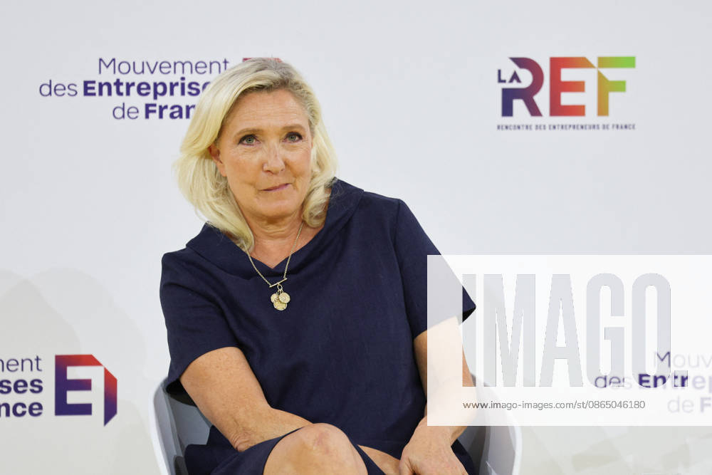 REF Medef - Presidential Debate President of the Rassemblement National party Marine Le Pen at the presidential debate during the La REF 2026 meeting of French entrepreneurs, organised by the MEDEF, France s main employers federation, at the Roland-Garros venue in Paris, France on August 27, 2026. Photo by Raphael Lafargue ABACAPRESS.COM Paris France