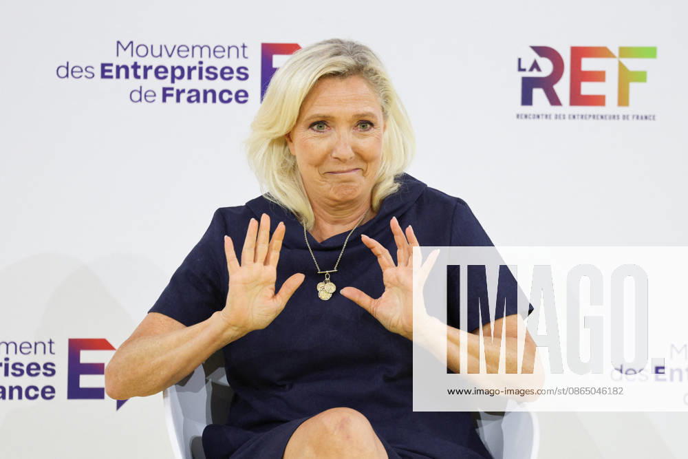 REF Medef - Presidential Debate President of the Rassemblement National party Marine Le Pen at the presidential debate during the La REF 2026 meeting of French entrepreneurs, organised by the MEDEF, France s main employers federation, at the Roland-Garros venue in Paris, France on August 27, 2026. Photo by Raphael Lafargue ABACAPRESS.COM Paris France