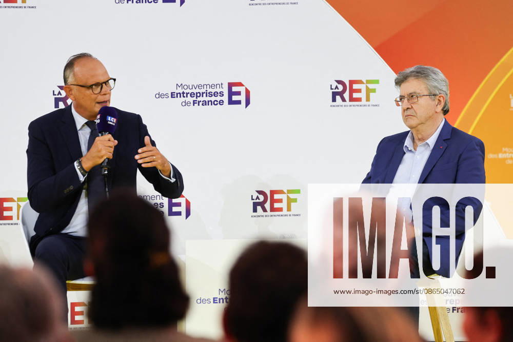 REF Medef - Presidential Debate French right-wing party Horizons founder and president, Mayor of Le Havre Edouard Philippe, Leader of the La France Insoumise party Jean-Luc Melenchon at the presidential debate during the La REF 2026 meeting of French entrepreneurs, organised by the MEDEF, France s main employers federation, at the Roland-Garros venue in Paris, France on August 27, 2026. Photo by Raphael Lafargue ABACAPRESS.COM Paris France