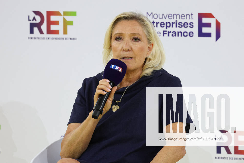 REF Medef - Presidential Debate President of the Rassemblement National party Marine Le Pen at the presidential debate during the La REF 2026 meeting of French entrepreneurs, organised by the MEDEF, France s main employers federation, at the Roland-Garros venue in Paris, France on August 27, 2026. Photo by Raphael Lafargue ABACAPRESS.COM Paris France