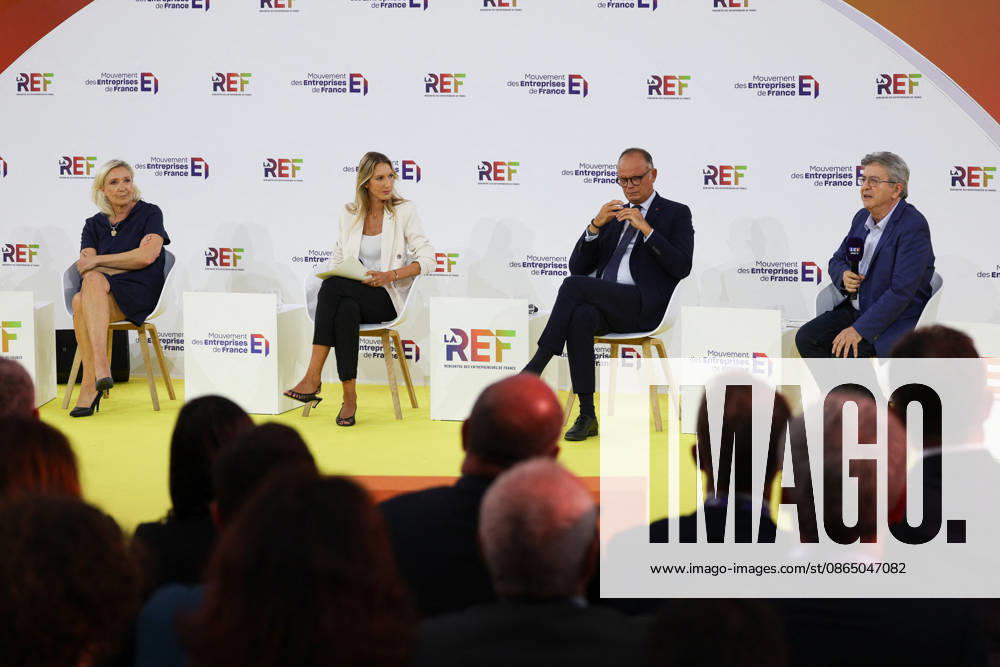 REF Medef - Presidential Debate President of the Rassemblement National party Marine Le Pen, French right-wing party Horizons founder and president, Mayor of Le Havre Edouard Philippe, Leader of the La France Insoumise party Jean-Luc Melenchon at the presidential debate during the La REF 2026 meeting of French entrepreneurs, organised by the MEDEF, France s main employers federation, at the Roland-Garros venue in Paris, France on August 27, 2026. Photo by Raphael Lafargue ABACAPRESS.COM Paris France