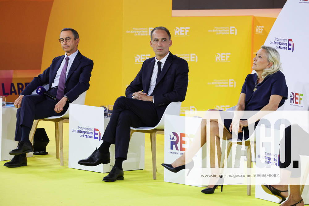 REF Medef - Presidential Debate President of the political party The Republicans LR Bruno Retailleau, French centre-left party Place publique s leader Raphael Glucksmann and President of the Rassemblement National party Marine Le Pen at the presidential debate during the La REF 2026 meeting of French entrepreneurs, organised by the MEDEF, France s main employers federation, at the Roland-Garros venue in Paris, France on August 27, 2026. Photo by Raphael Lafargue ABACAPRESS.COM Paris France