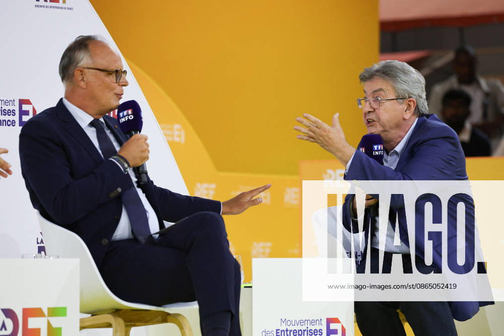 REF Medef - Presidential Debate French right-wing party Horizons founder and president, Mayor of Le Havre Edouard Philippe and Leader of the La France Insoumise party Jean-Luc Melenchon at the presidential debate during the La REF 2026 meeting of French entrepreneurs, organised by the MEDEF, France s main employers federation, at the Roland-Garros venue in Paris, France on August 27, 2026. Photo by Raphael Lafargue ABACAPRESS.COM Paris France
