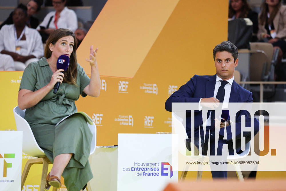 REF Medef - Presidential Debate National secretary of French left-wing The Ecologistes party Marine Tondelier and General Secretary of French centrist party Renaissance Gabriel Attal at the presidential debate during the La REF 2026 meeting of French entrepreneurs, organised by the MEDEF, France s main employers federation, at the Roland-Garros venue in Paris, France on August 27, 2026. Photo by Raphael Lafargue ABACAPRESS.COM Paris France