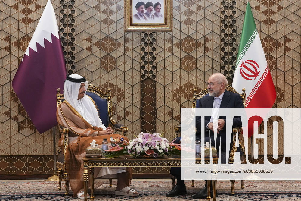 Qatar and Iran Discuss Diplomacy Qatars Prime Minister and Foreign Minister Sheikh Mohammed bin Abdulrahman bin Jassim Al Thani and Iranian Parliament Speaker Mohammad Bagher Ghalibaf sit opposite each other during talks, with the Qatari and Iranian flags behind them, in Tehran, Iran, on August 27, 2026. The two officials discussed regional developments, efforts to reduce tensions, and ways to create conditions for the resumption of diplomatic dialogue, with the Qatari prime minister stressing that diplomacy remained the best means of resolving disputes and preventing further escalation. Tehran Tehran Iran