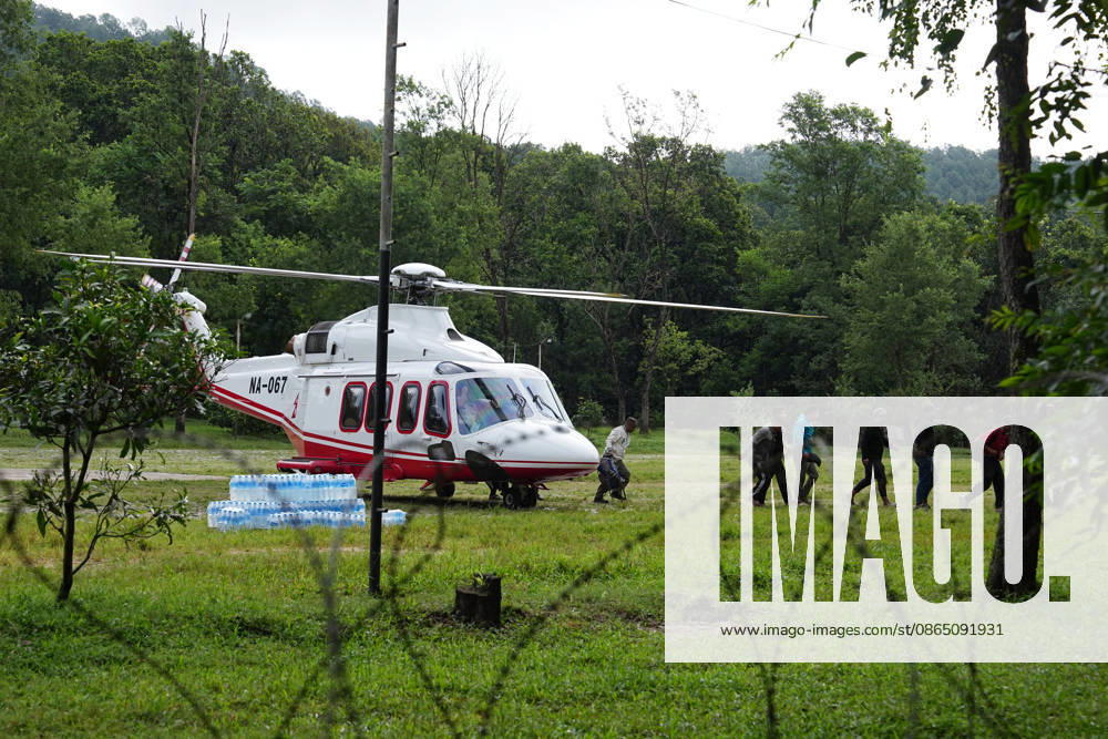 A rescue helicopter lands at a relief center on August 27, 2026 in Kathmandu, Nepal. Flash floods struck the Rasuwa district along Nepal s northern border on August 26, causing severe damage to roads, bridges and villages in Nuwakot, where authorities are relying on helicopters to transport people and supplies while rescue and cleanup operations continue.